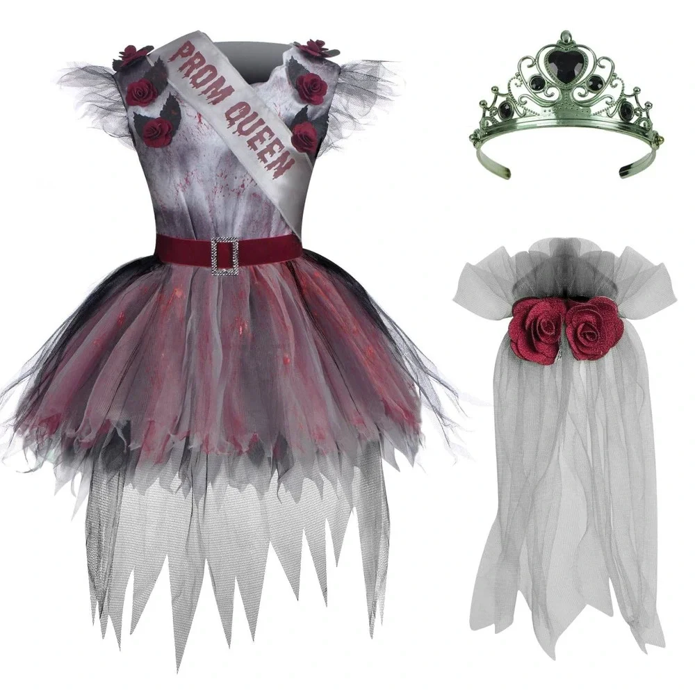 Girls Zombie Prom Queen Halloween Costume XL 12-14yr Dress Sash Tiara Corsage